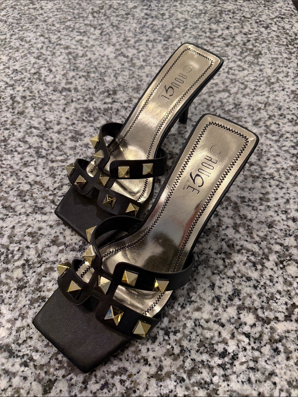 Rouge Helium Black Slide Mules with Gold Stud Accents